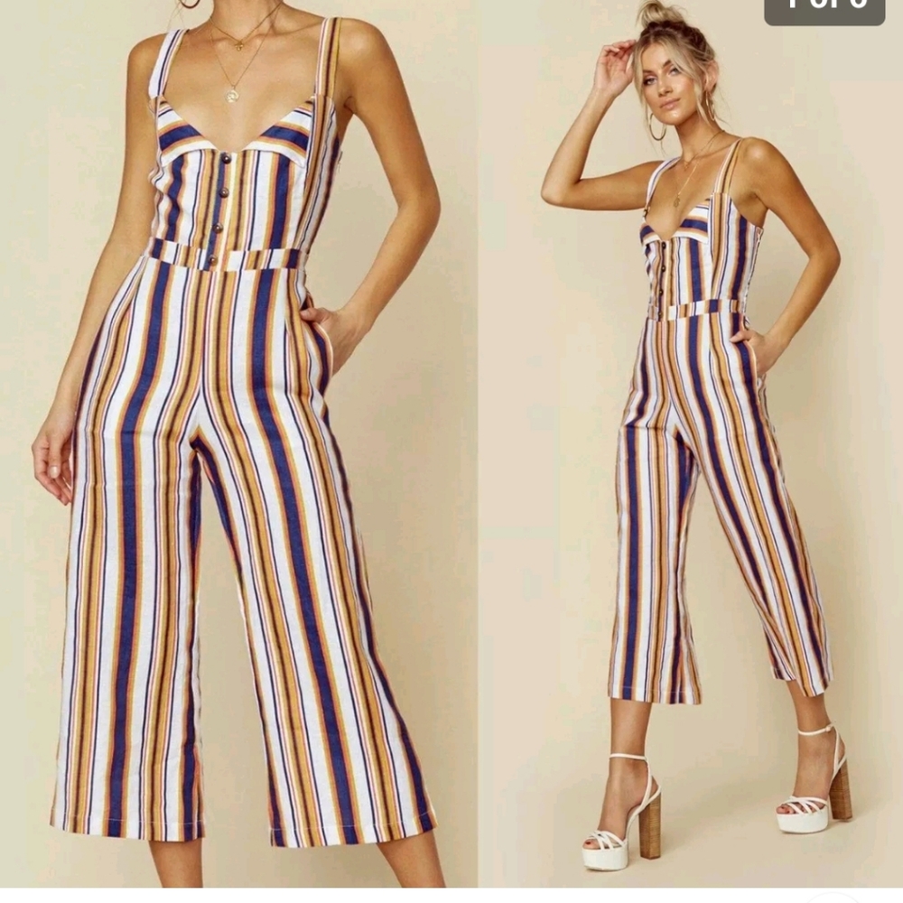 Faithfull The Brand Striped Scout Jumpsuit  Size Small Summer White Blue Linen